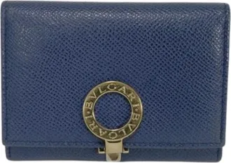 Bulgari Pre-owned Wallets, male, Blue, Size: ONE SIZE Pre-owned Logo Clip Grained Calf Leather Card Case