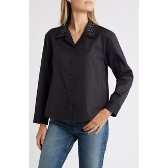 Wit & Wisdom Beaded Collar Cotton Blend Button-Up Shirt in Black at Nordstrom Rack, Size X-Small