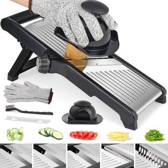 OEM Affettatrice A Mandolina Regolabile 5 In 1 Con Lame In Acciaio Inox, Base Antiscivolo, Per Pomodori, Frutta, Cipolle, Guanti Inclusi, Lavabile In Lava