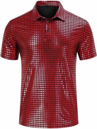 Generic Mens Polo Shirts Short Sleeve Sequin T Shirts Regular Fit Sparkly Designer Polos Solid Colour Classic Golf Shirts Lapel Collar Button Shiny T-Shirts G