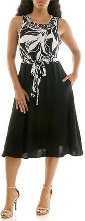 Nina Leonard Tie Waist A-Line Dress in Black/White at Nordstrom Rack, Size X-Large