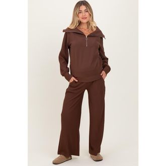 Pinkblush RIbbed Half Zip Pullover Wide Leg Pant Set in Brown at Nordstrom, Size Small