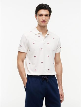 Tommy Hilfiger Mens Regular Fit Allover Flag Logo Pique Polo - White - XL