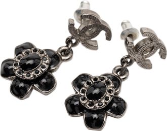 Chanel Silver Plated Enamel Flower Drop Earrings
