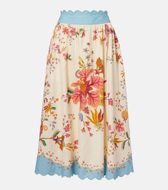 Farm Rio Floral Scarves linen-blend midi skirt