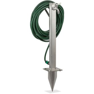 Relaxdays Grifo De Agua Exterior, Estaca Y Soporte Para Mangueras, 66x30x15 Cm, De Pie, Cuadrado, Acero Inox., Plateado - Relaxdays