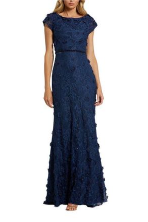 Mac Duggal Floral Applique Boat Neck Short Sleeve Gown in Midnight at Nordstrom, Size 12