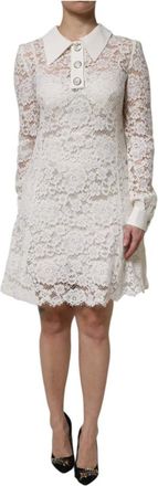 Dolce & Gabbana Short Dresses, female, White, Size: S Floral Lace Viscose Collared Mini Dress