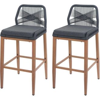Hhg Hhg - Juego De 2 Taburetes De Bar De Cuerda 982, Asiento De Exterior De Cuerda De Metal Imitaci&oacute;n Madera, Antracita, Coj&iacute;n Gris Oscuro