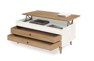 HOGAR 24 Mesa centro elevable madera dos cajones deslizantes, blanco y encerado