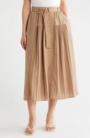 Adrianna Papell Belted Button Front Pleated Midi Skirt in Taos Taupe at Nordstrom Rack, Size X-Small