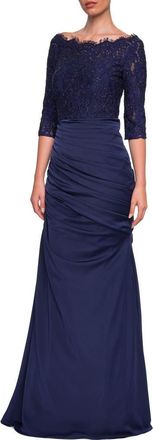 La Femme Gathered Mermaid Satin Gown with Lace Top in Navy at Nordstrom, Size 14