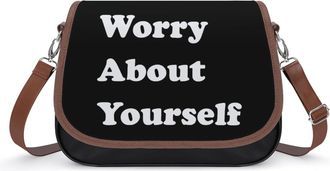 Generic Worry About Yourself Crossbody Bag Womens Handbag PU Message Bags Shoulder Purse with Adjustable Strap