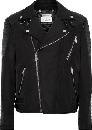 Philipp Plein Jassen, Heren, Zwart, L, Nylon, Nylon Biker Jack Met Lederen Padding