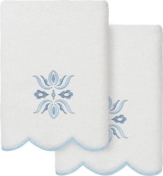 Linum Home Textiles 100% Turkish Cotton Flower Crest Scallop 2Pc Embellished Hand Towel Set