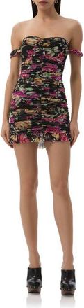 AFRM Tolia Printed Ruched Off the Shoulder Mesh Minidress in Dusted Floral at Nordstrom, Size X-Large