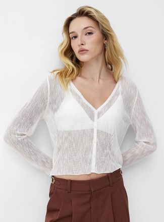 Icone Womens Sheer knit cropped V-neck Cardigan Sweater