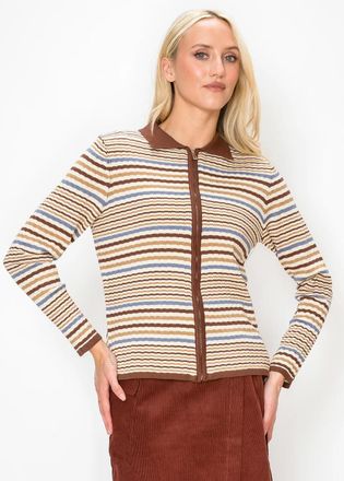 YAL New York Collared Zip Front Cardigan in Stripe Knit