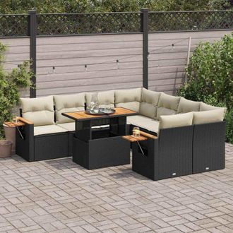 vidaXL Set Sof&aacute;s Jard&iacute;n Y Cojines 9 Pzas Rat&aacute;n Sint&eacute;tico Acacia Negro Vidaxl