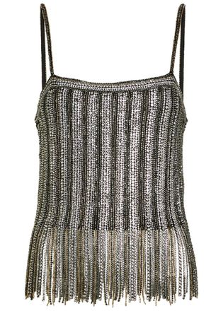 Alice & Olivia Chi Embellished Fringed Stretch-mesh top - Black - S (UK8-10 / S)