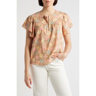 Wit & Wisdom Floral Flutter Sleeve Quarter Zip Top in Golden Sugar Multi at Nordstrom, Size X-Small