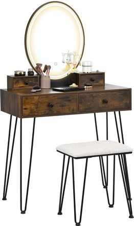 Costway Vanity Dressing Table Set Cushioned Stool with 3-Color Lighted Dimmable Mirror