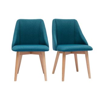 Miliboo Miliboo - Set De 2 Sillas De Tela Efecto Aterciopelado Texturizado Azul Petr&oacute;leo Y Madera Clara Maciza Higgins