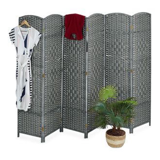 Relaxdays Relaxdays - Biombo, 6 Paneles, Separador Ambientes Plegable, 170x241 Cm, Interiores, Madera, Cuerda Papel, Parab&aacute;n, Gris