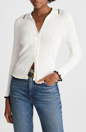 Madewell Ruffle Trim Pointelle Cardigan in Soft White W/Black Tipping at Nordstrom, Size Xx-Small