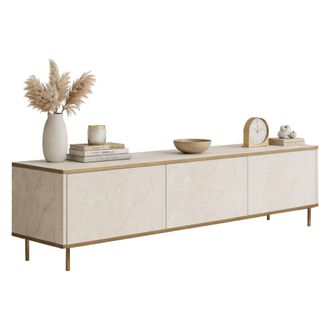 Dmora Mueble Tv Sassello, 3 Compartimentos, 3 Puertas, Apertura Abatible, 180x35x45h Cm Beige Maron