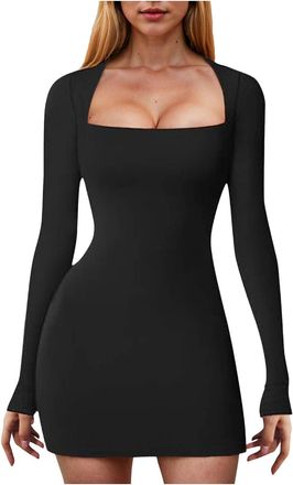 Generic Womens Sexy Bodycon Mini Dress Women Long Sleeve Square Neck Sexy Bodycon Tight Cocktail Party Club Night Formal Short Dress Going Out Outfits (S) Bla