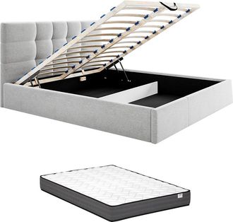 Vente-Unique Cama arc&oacute;n 160 x 200 cm - Tela - Gris + colch&oacute;n - ELIAVA de Pascal Morabito