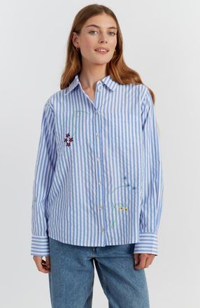 Chinti and Parker Cotton Oxford Stripe Floral Shirt in Blue at Nordstrom, Size 10