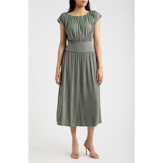 Loveappella Cap Sleeve Ruched Knit Midi Dress in Olive at Nordstrom, Size X-Large