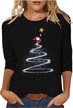 Generic Ladies Christmas Tops Christmas Jumpers for Women Xmas Tree Print Xmas T-Shirts Plus Size Novelty Funny 3/4 Sleeve Elf Santa Print Reindeer Graphic Bl