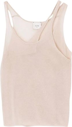 Alysi Tops, Dames, Beige, S, Katoen, Dubbele Kraag Mesh Katoenen Top