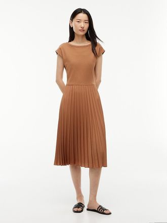 Tommy Hilfiger Womens Mixed-Media Pleated Midi Dress - Summer Cognac - XXL