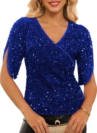 Grace Karin Womens 3/4 Length Sleeve Sequin Tops V Neck Velvet Ruched Blouses 2025 Glitter Trendy Party Outfit, Royal Blue, L