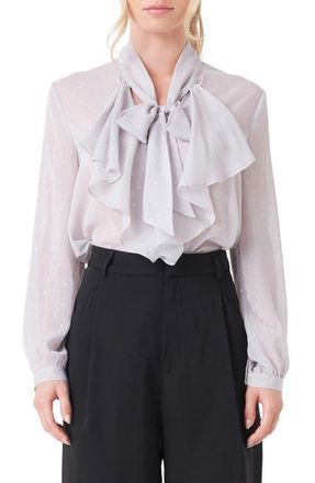 endless rose Tie Neck Clip Dot Chiffon Top in Silver at Nordstrom, Size X-Small