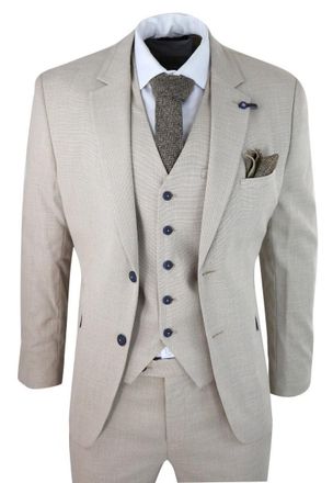 Infinity Leather Mens 3 Piece Cream Linen Summer Spring Classic Suit Canvas - Size 42 (Chest)