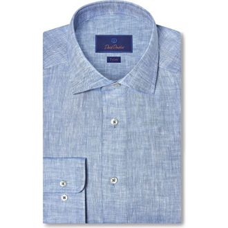 David Donahue Trim Fit Linen Herringbone Dress Shirt in Denim at Nordstrom, Size 16.5 - 32