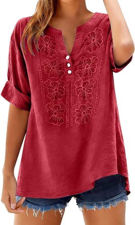 Generic Womens Embroidered Cotton Linen Gauze Blouse - Summer 3/4 Sleeve Boho Floral Detail Dressy Casual Loose Tunic Top(1B-Red, L)