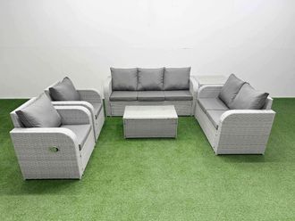 Fimous PE Rattan Garden Furniture Set Adjustable Chair Sofa Double Love Seat 2 Seater Sofa Lounge Set Oblong Coffee Table Side Table Light Grey