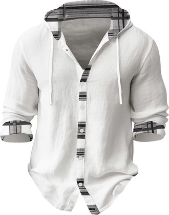 Generic Mens Casual Fashion Hooded Spring and Autumn Long Sleeved Solid Color Cotton Linen Shirt Mens Turn Down Collar (Grey, XL)