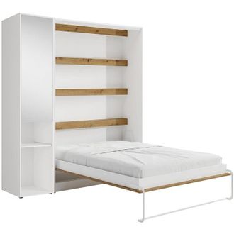 Vente-Unique Letto a scomparsa verticale 160 x 200 cm 1 colonna contenitore Con specchio e LED Bianco e naturale - RAPILI