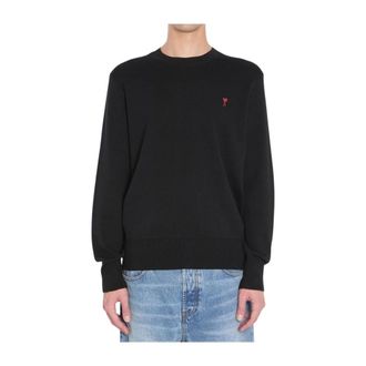 Ami Sweatshirts, male, Black, Size: XL Black Wool Crew Neck Heart Motif