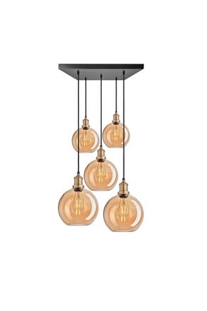 Industville Brooklyn Tinted Glass Globe 5 Wire Square Cluster Lights, 9 inch, Amber, Brass holder