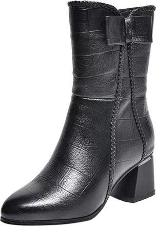 Generic Womens Fashion British Style Autumn Winter Pointed Mid Calf Boots with Side Zipper Thick Heel and Decorative Bow Design (Black, 4.5)