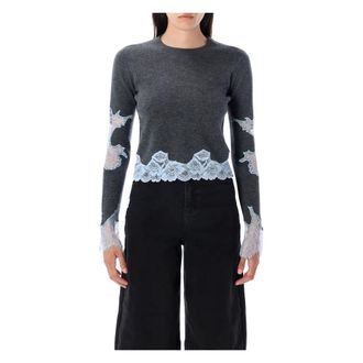 Self Portrait Round-neck Knitwear, female, Gray, Size: M Grey Lace Knitwear Aw25 Stylish Jumper