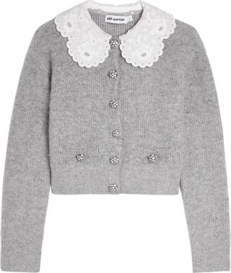 Self Portrait Embroidered-collar Embellished Metallic-knit Cardigan - Grey - S (UK8-10 / S)